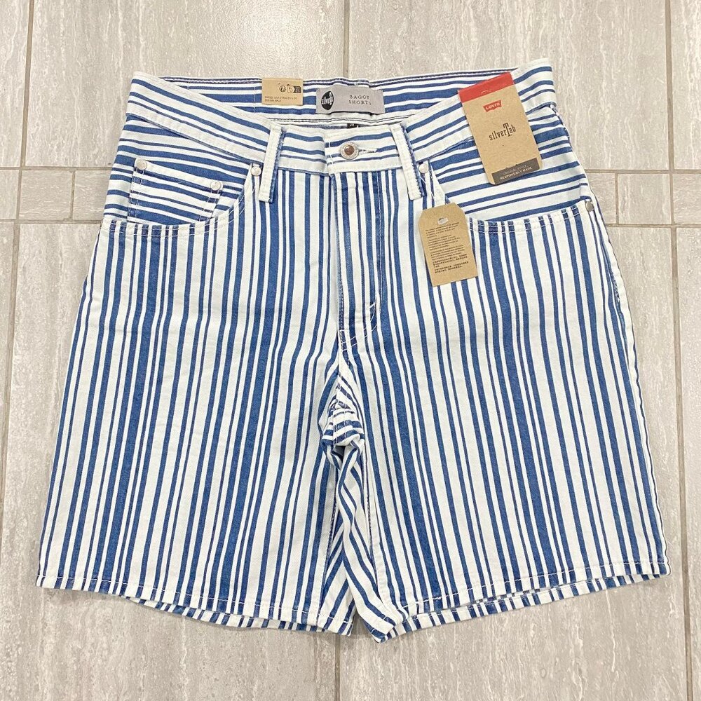 Levi's Silver Tab Blue White Stripes Denim Baggy Shorts Women Size 28 NW